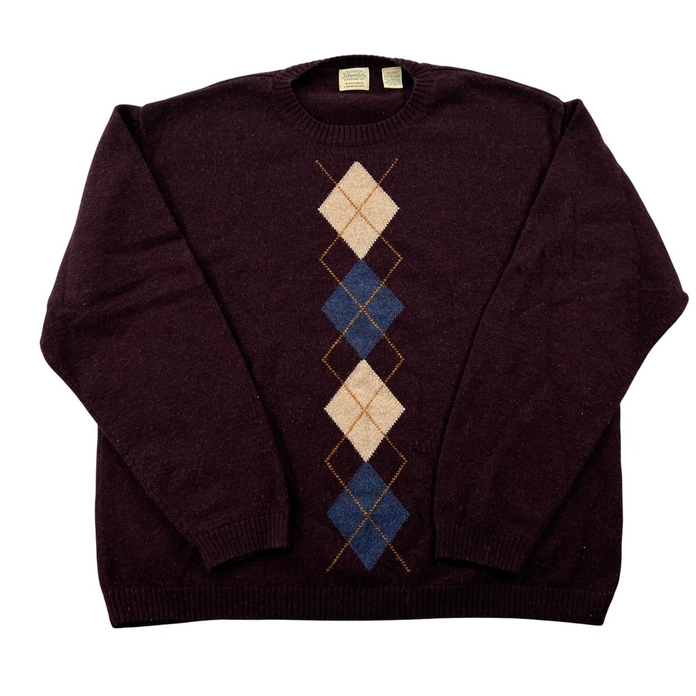 VTG St Johns Bay Burgundy Argyle Lambswool Crewneck Sweater Mens XXL Academia
